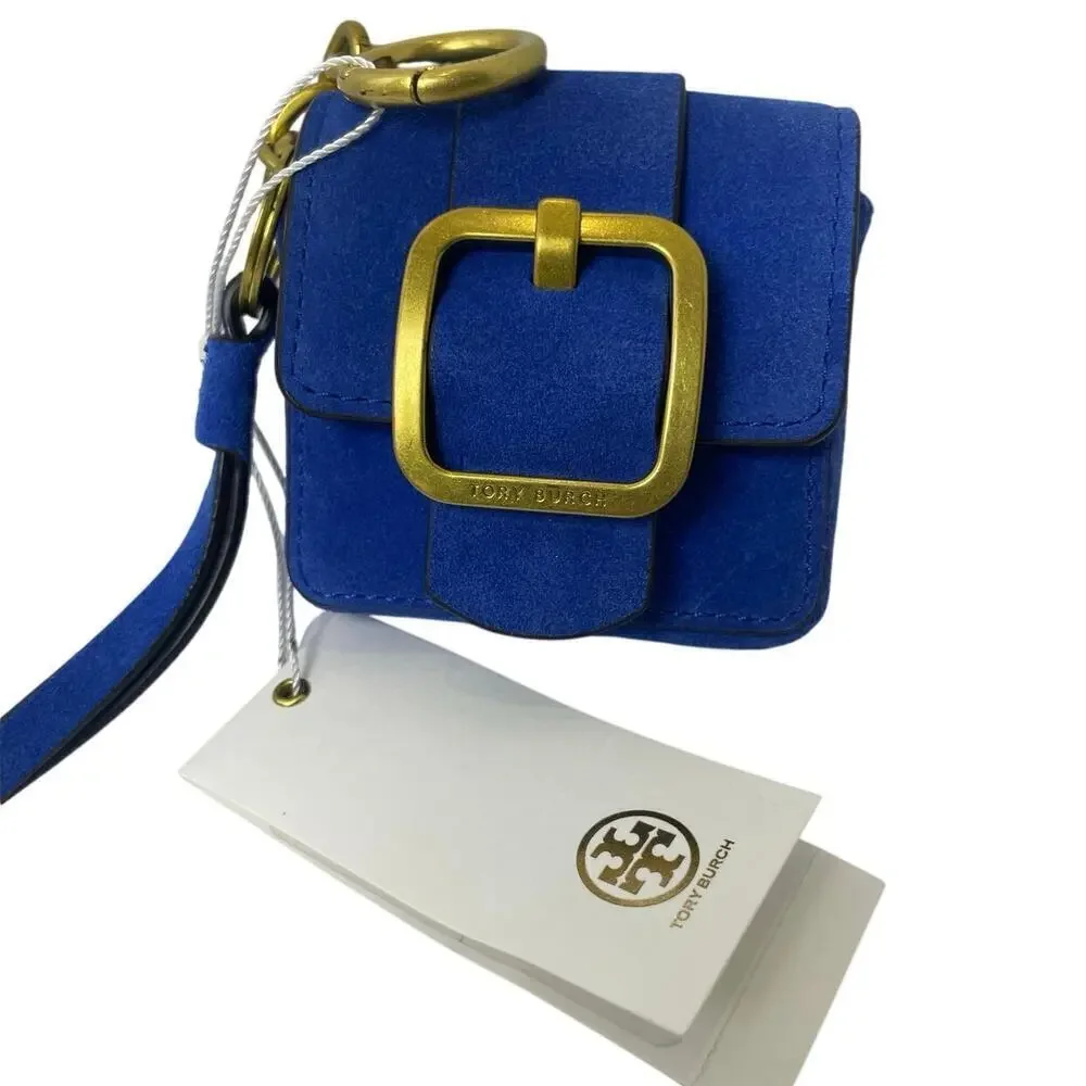 NEW TORY BURCH SAWYER MINI BAG KEY CHAIN WRISTLET BLUE DAHLIA CHARM‎ AIRBUD FOB
